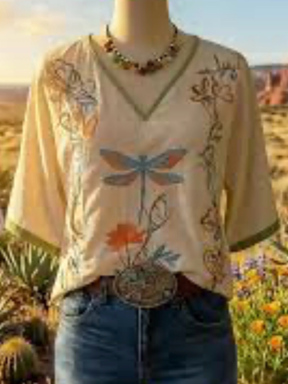 Beige Floral Dragonfly Embroidered Top